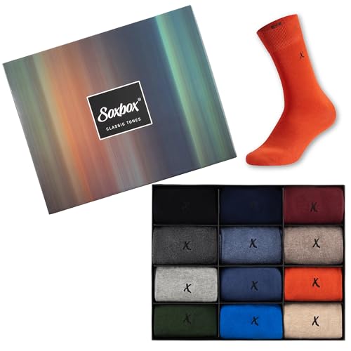 The Essentials Wardrobe Calcetines negros para hombre, 6 y 12 pares de algodón peinado orgánico, transpirables, elásticos, reforzados, en talón y puntera bordados, en caja de regalo de lujo, Paquete