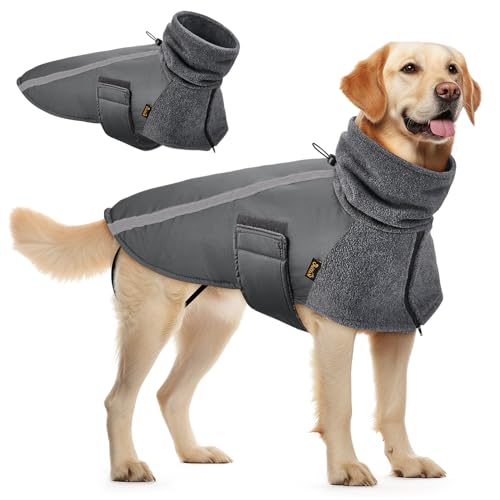 SlowTon Wintermantel für Hunde, Warmes Futter aus Polar Fleece Außenjacke für Hunde mit Rollkragenschal Reflexstreifen Winterjacken Hundemantel Baumwolle Hundegeschirr (XL, Grau)