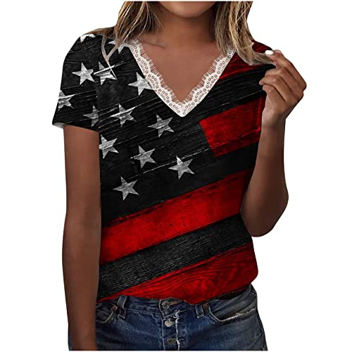 Camisetas de renda com bandeira americana para mulheres, manga curta, acabamento em renda, gola V, c