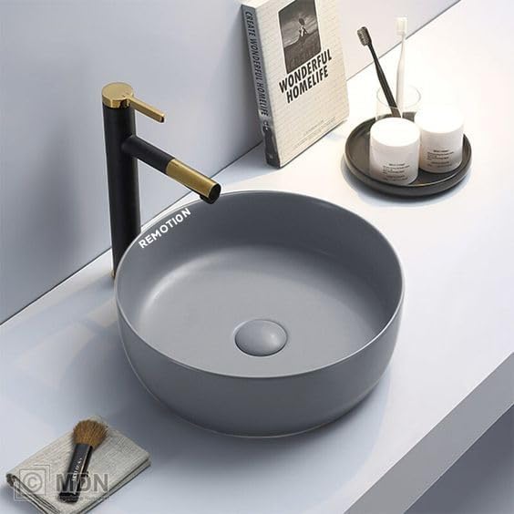 Image of REMOTION Round Countertop Wash Basin For Bathroom | Tabletop Ceramic Bathroom Sink | Wash Basin Over Counter | Wash Basin For Living Room, Resturent (12.5 x 12.5 x 5 Inch) (Matte Grey)