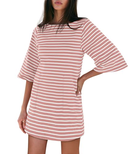 Image of Yousify Women's T Shirt Dress Cotton Summer Dresses 2026 Casual Loose Short Sleeve Striped Mini Dress with Pockets