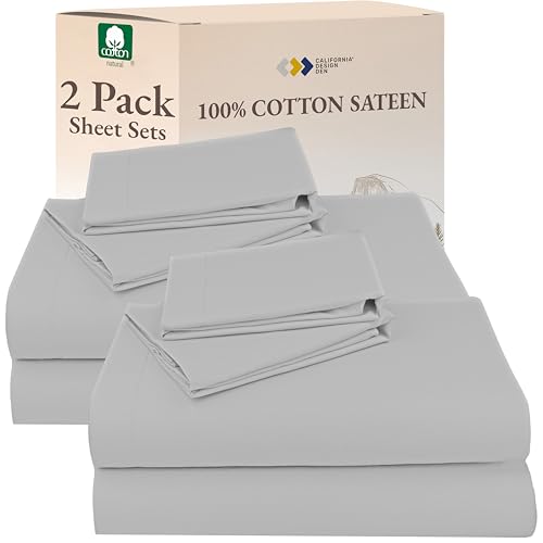 Image of California Design Den 100% Cotton Pack of 2 Queen Size Sheet Set - Soft & Durable Sateen, Deep Pocket Queen Sheets (Light Grey)