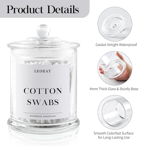 LEORAY-4-Pack-Glass-Qtip-Holder-Dispenser-with-Lids-Airtight-Waterproof-Apothecary-Jars-16-Oz-Vanity-Organizer-Bathroom-Canisters-for-Cotton-Swabs-Balls-Pads-Floss-Picks-Transparent