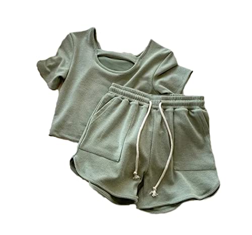 Ensemble de sport femme manches courtes short taille haute vert XL fluide