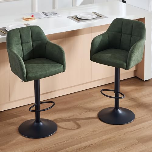 Butacos giratorios ajustables, juego de 2 unidades, taburetes de cuero sintético para barra alta con reposabrazos, sillas modernas tapizadas para isla de cocina / bar en casa / comedor, color verde miniatura 3