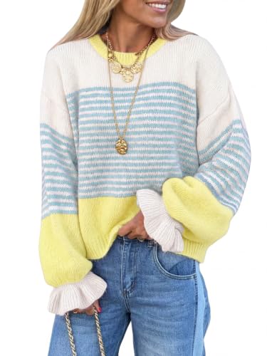 Saodimallsu Womens Color Block Striped Sweaters Ruffle Sleeve knit Pullover