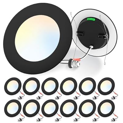 ALUSSO LIGHTING 12 Pack 5/6 Inch LED Recessed Lighting,Black Can Lights Retrofit Trim,12W,1100LM,5CCT Selectable,2700K/3000K/4000K/5000K/6000K Downlight Dimmable,Damp Rated, Black