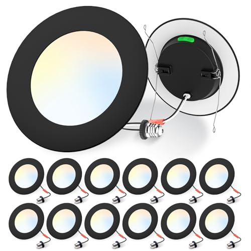 ALUSSO 12 Pack 5/6 Inch LED Recessed Lights 5CCT Selectable 2700K-6000K 1100LM Dimmable Retrofit Trim Can Lights Damp Rated Black