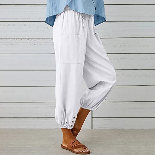 Cotton Linen Pants for Women Casual Summer Elastic High Waist Drawstring Lounge Pant Straight Leg Cropped Trousers3