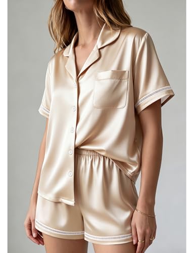 Image of Ekouaer Womens Silk Pajama Sets Button Up Satin Pjs Short Sleeve 2 Piece Pj Sets Cute Lounge Sets with Chest Pocket