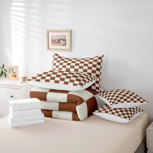 Image of Erosebridal Plaid Full Comforter Set 7 Piece Beige Caramel Brown Checkerboard Bed in A Bag with Sheets Geometric Checkered Bedding Set for Kids Boys Girls,Aesthetic Grid Bed Set