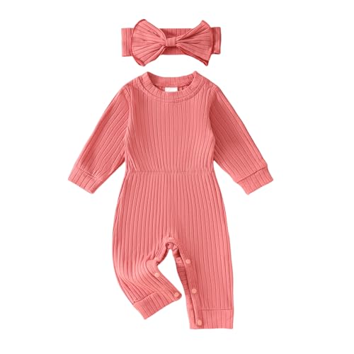 Image of Winioder Newborn Baby Girl Fall Clothes Ribbed Long Sleeve Romper Jumpsuit with Headband Infant 2Pcs Coming Home Outfit
