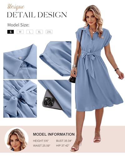 Image of ECOWISH Womens Casual Midi Dresses Solid V Neck Short Sleeve Button Shirt Belted Dress with Pockets for Spring Summer 2026