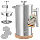 KIMIJO French Press 1000 ml I Edelstahl gebürstet I Warmhalte-Funktion I incl. 3 Ersatzfilter & Korkuntersetzer I Spülmaschinenfest I Premium Kaffeebereiter Doppelwandig
