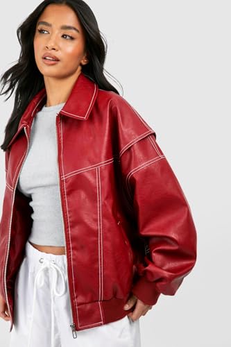 ksotutm Oversized Leather Jacket Women Vintage Zip Up Bomber Motorcycle Faux Leather Jacket Coat Outerwear3