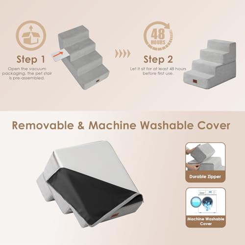 Image of EHEYCIGA Dog Stairs for Bed 18 inch H, 4-Step Dog Steps for High Bed, Pet Steps for Small Dogs and Cats, Non-Slip Balanced Pet Ramp Indoor, Light Grey