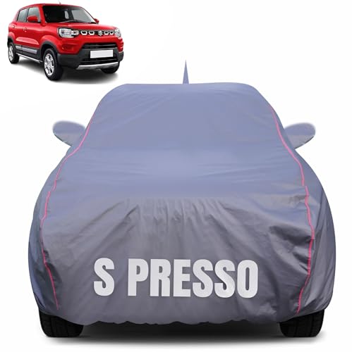 Image of 100% Waterproof Car Body Cover for Maruti Suzuki S presso with Mirror Pocket (Heat & UV Resistant, Triple Stitched, Soft Lining, Bottom Elastic & Piping) Grey