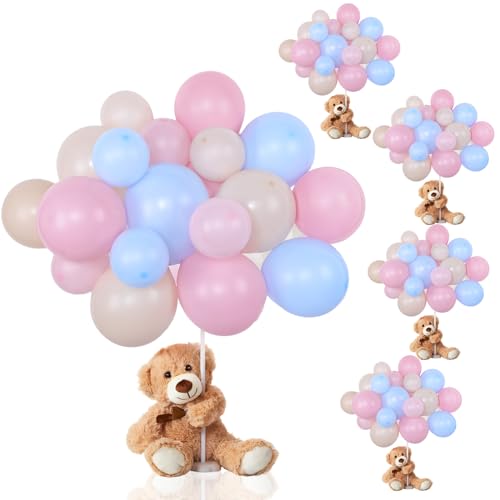 Meooeck 185 Pcs Bear Baby Shower Party Decorations Table Centerpieces 5 Pcs 13. 5'' Gender Reveal Bears 180 Balloons Kit Baby Shower Table Decor for Birthday Wedding(Pink, Blue, Tea White)