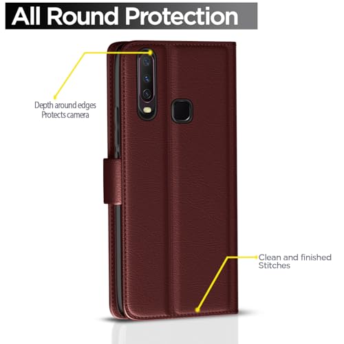 Image of Pikkme Flip Cover for Vivo Y12 / Y15 / Y17 / U10 Leather Finish | Inside TPU with Card Pockets | Wallet Stand and Shock Proof | Complete Protection Flip Case (Brown)