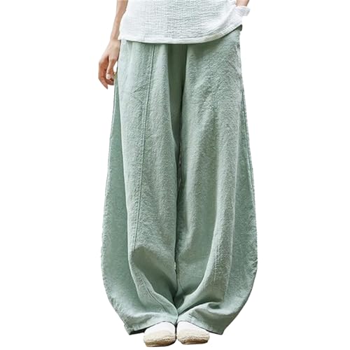 FUNRKLI Pantalones de lino con cintura elástica para mujer, con bolsillos, holgados, a la moda, ajustados, casuales, 2025, Verde claro, Large