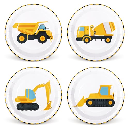 Whaline 40Pcs Construction Birthday Party Paper Plates Dump Truck Disposable Plates 4 Designs Tableware for Boys Kids Birthday Party Supplies Table Decor 9 in