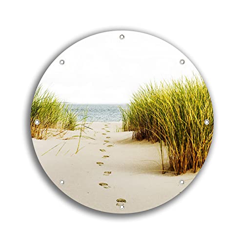 Wallario rundes Outdoor-Poster für Garten oder Balkon Spuren im Sand- Fußspuren durch die Düne zum Meer, Motivbanner 30 cm Durchmesser Wallario rundes Outdoor-Poster für Garten oder Balkon Spuren im Sand- Fußspuren durch die Düne zum Meer, Motivbanner 30 cm Durchmesser