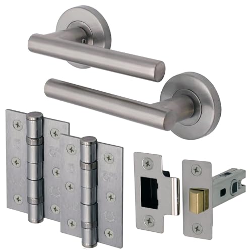 EAI Round Internal Door Handle Set - Satin Nickel | Latch (66mm), Handles, & Hinges (102mm) | Universal Silver Door Handle | Office, Bedroom, Kitchen, Lounge & Closet Lever on Rose | Interior Handles