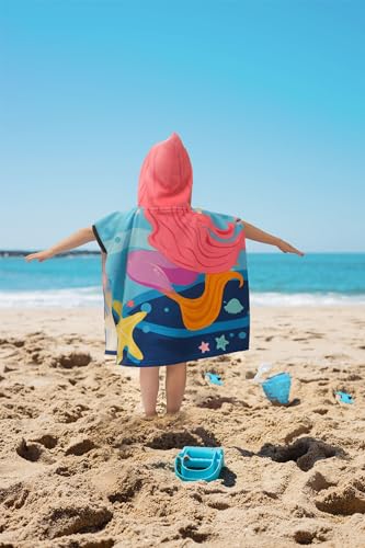 Image of growell Hooded Kids Beach Towels - Toddler Bath Towel Girls Boys Swim Cover-ups for Ages 1 to 6 Kids Pool Towels Quick Dry Lightweight Soft Microfiber Poncho Towel 24x24 (Mermaid Starfish)