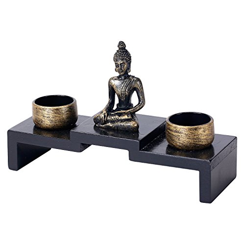 MyGift Mini Sitting Buddha Statue with Candle Holders, Zen Decor, Meditation Tealight Holder, with Small Altar Wood Shelf Base