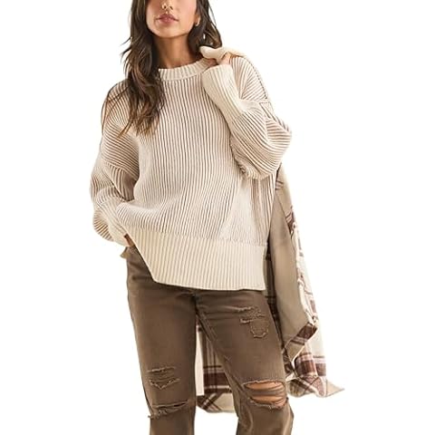 Faleave Women's Fashion Sweater Fall Casual Long Sleeve Ribbed Knit Crew Neck Pullover Sweaters Blouse Tops(Brown-M) Cover