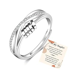 PABBEU To My Daughter Fidget Ring Sterling Silver Anxiety Ring Adjustable Fidget Ring Stress Spinner Rings with Beads Cubic Zircon Anxiety Ring for Daughter Women Girls