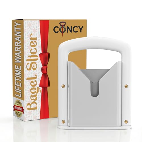 Concy Bagel Slicer Guillotine Cutter – Safe, Clean Slicing for Firm Bagels – Non-Stick Blade, Durable ABS (White)