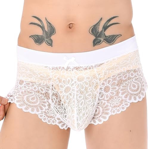 Mens Lace Underwear Sissy Pouch Boxer Briefs Mesh Pants Soft Bikini Breathable Cheeky underpants Bulge Pouch for Men