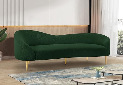 Image of Rosewood Luxury Curved Sofa in Premium Boucle Fabric | Solid Wood Structure | High Density Foam | Sturdy Golden Legs | Comfortable & Stylish Couch for Modern Living Room (Green, 3 Seater)