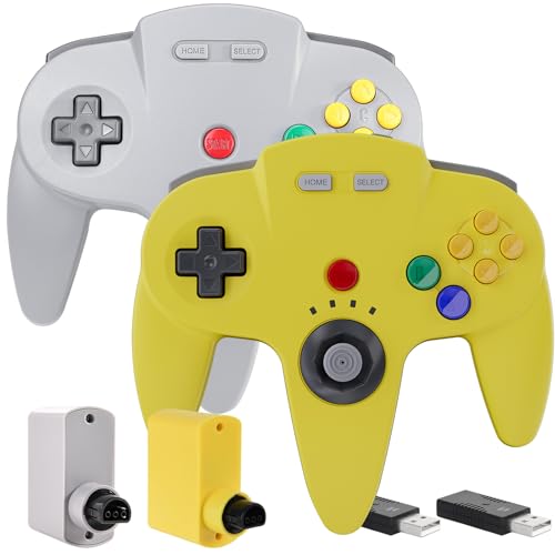 Image of 2 Pack Wireless N64 Controller for Switch 1 & 2, N64 Console, Lemon /Gray | (Built-in Vibration) (Rechargeable) (3D Analog Stick), 2.4 GHz USB & N64 Receiver Made for Switch Online, Windows PC, macOS