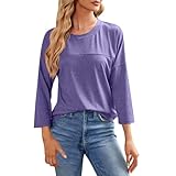 Delgado compatible con hacer invierno monocolor mujer casual manga 3/4 cuello redondo camiseta suelta verano ropa mujer festiva tops mujer boda gran tamaño camiseta mujer cuello en V, morado, M