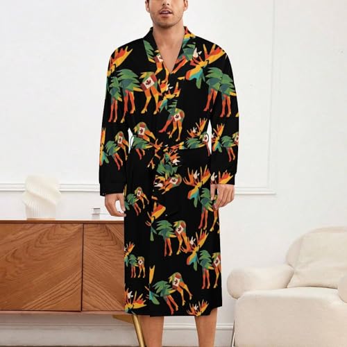 Colorful Moose Canada Flag Soft Robe Long Sleeve Bathrobes V Neck Sleepwear Spa Robes with Belt Men Woman2