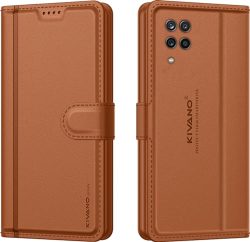 Image of KIVANO LUXE Compatible for Samsung Galaxy A12 / Samsung M12 / Samsung Galaxy F12 Luxury Handmade Leather Magnetic Flip Folio Case | Card Holder & Kickstand | Slim Protective Cover | Unisex - Brown