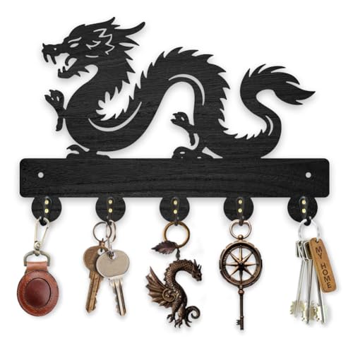 MAYJOYDIY Dragon Wall Key Holder, 30 x 20 cm Wooden Chinese Design, 5 Alloy Hooks