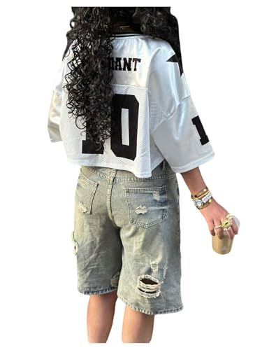 SweatyRocks Women's Number Jersey Y2k Shirts Baggy V Neck Crop T Shirt Half Sleeve Oversized Tops2