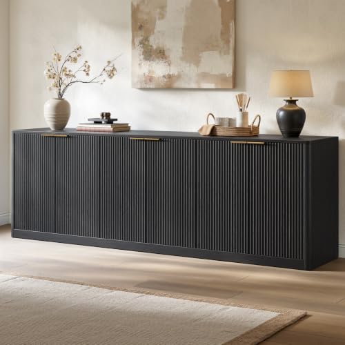 Image of Evermagin 94.5 inch Fluted Black Buffet Cabinet with Storage | Mid-century modern wood sideboard, large credenza with 6 doors for kitchen or living room, 94.5 inchW x 31.5 inchH x 15.7 inchD