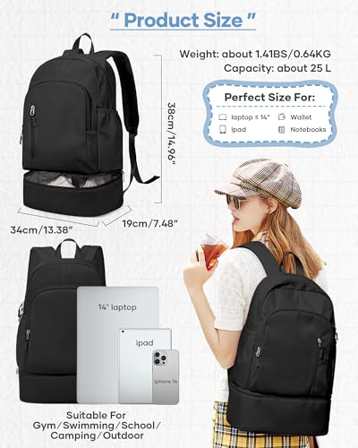 Black Gym Backpack for Women Men with Expandable Shoe Compartment, Mini Foldable Outdoor Weekender Hiking Bag Sports Backpack for Swimming Fitness Yoga Dancing2