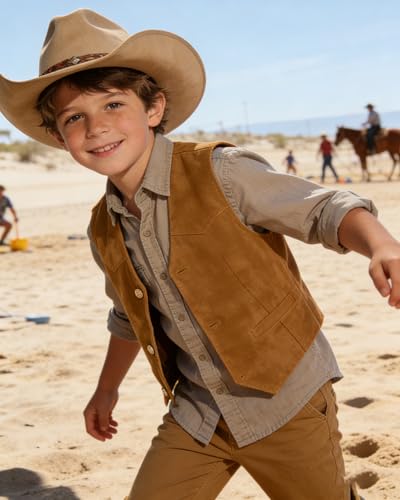 Image of Retro Boys Western Cowboy Vest for Kids Leather Suede Waistcoat | vintage dress vests, welt pockets, v-neck, adjustable waist, formal slim fit, wedding outfit, farm christmas birthday prom