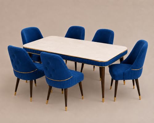 Image of WOODEN SPACE 6-Seater Wooden Dining Table Set | Nano Composite Marble Top | Solid Wood Base | Modern Dining Room Furniture with 6 Chairs (Blue Grand Aura)