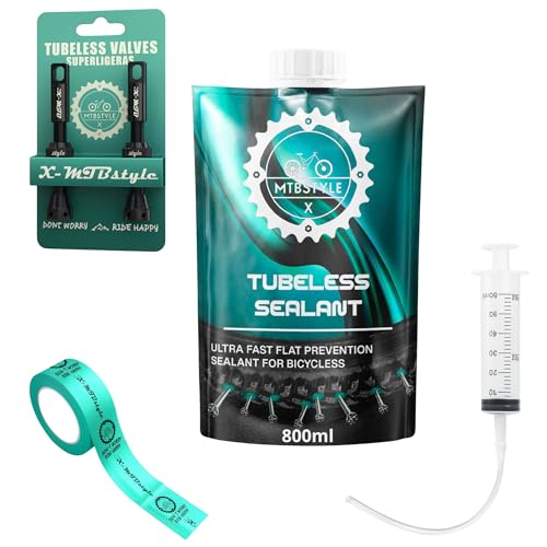 XMTBSTYLE Kit Tubeless MTB con Líquido antipinchazos 800ml + Jeringuilla de Precisión + Válvulas Presta + Cinta Fondo de Llanta 25 mm-10m | Conversión Tubeless Bicicleta Montaña, Gravel y Carretera