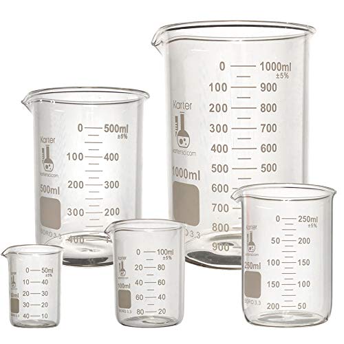 Glass Low Form Beaker Set, Borosilicate 3.3 Glass, 5 Sizes - 50, 100, 250, 500, and 1L, Karter Scientific 213A3 (Case of 8)