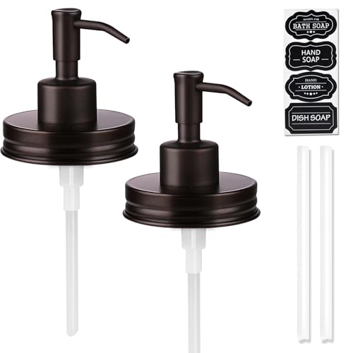 Image of Amolliar Mason Jar Liquid Soap Dispenser Pump, Rustproof Stainless Steel Lid, Refillable Soap Pump for Kitchen, Bathroom, Hand, Dish, Lotion Soap Pump Replacement, Cute Farmhouse Decor, Bronze 2 Pack