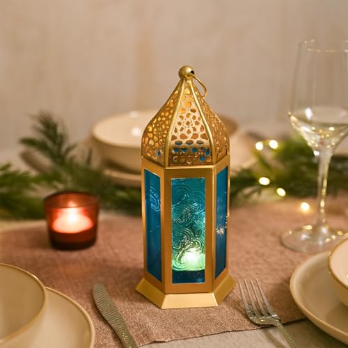 Image of MARKET 99 Metal+Glass Moroccan Lantern with Embosed Glass | for Diwali, Christmas, Birthday, and Wedding | Decorative Candle Holder for Home Decor-Golden & Blue | (Use LED T-Light only)
