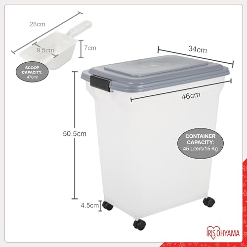 Iris Ohyama Hundefutter Aufbewahrung mit Rollen, 45L/15kg, Grau, Luftdichte Futterbox, Trockenfutter, Futterbehälter, Für Hunde, Katzen, Tierfutterbehälter, Schaufel, BPA-frei, Futtertonne, ATS-L