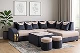 WOODREAM Right Facing Upholstered L Shape 7 Seater Sofa Set | Sectional Swed Fabric Sofa Set with Centre Table and 2 Puffy Ottomans for Living Room & Drawing Room, Grey and Cream